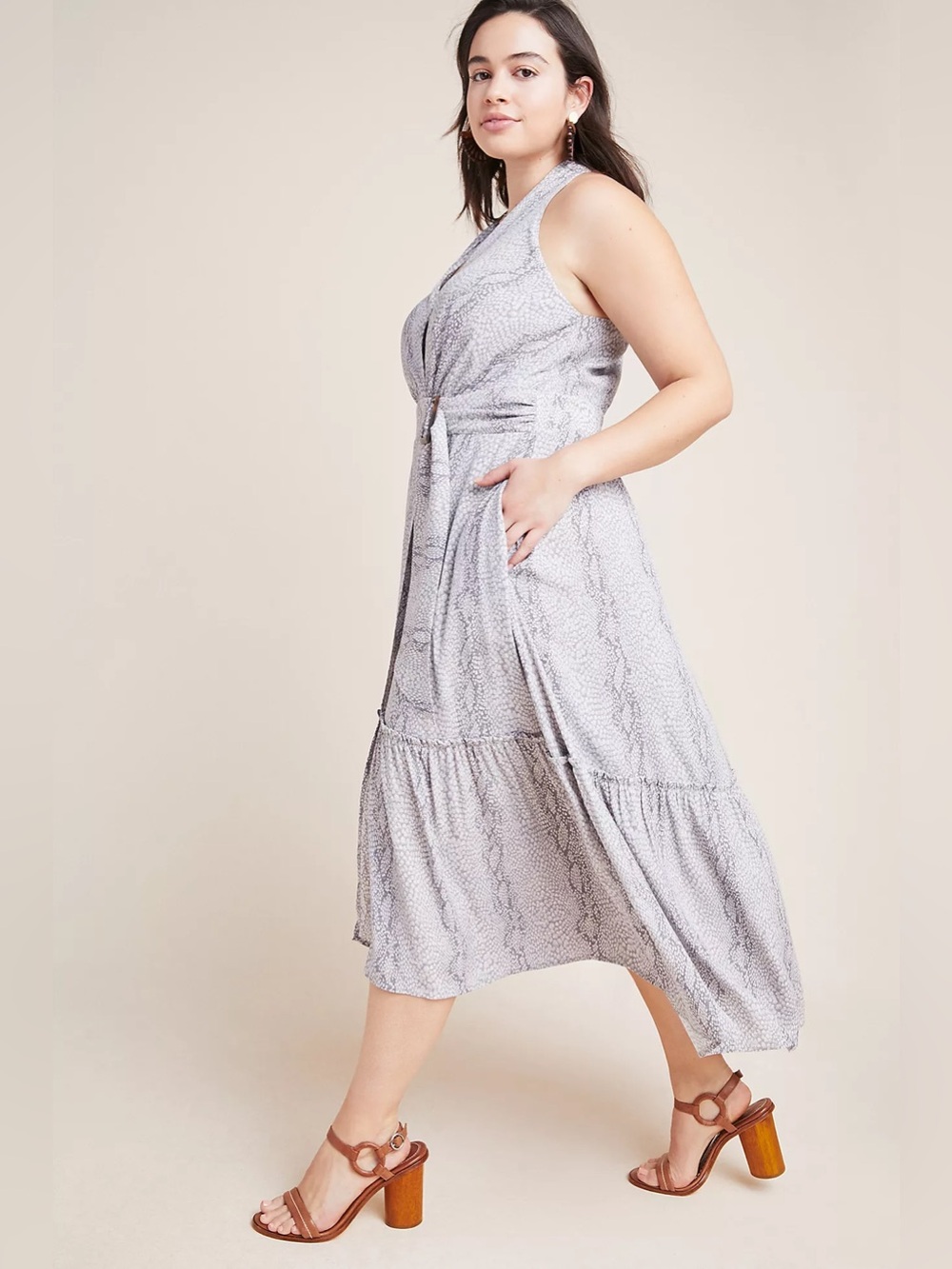 Anthropologie Marfa Dress  Size 18 Light Gray Sleeveless Wrap Midi Dress Pockets